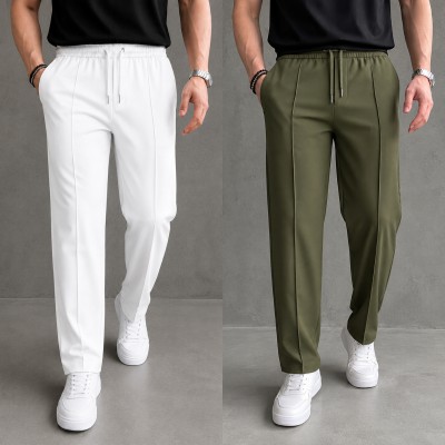 2 Pcs Most Trending Formal Pant Cutting Trouser (White, Olive)