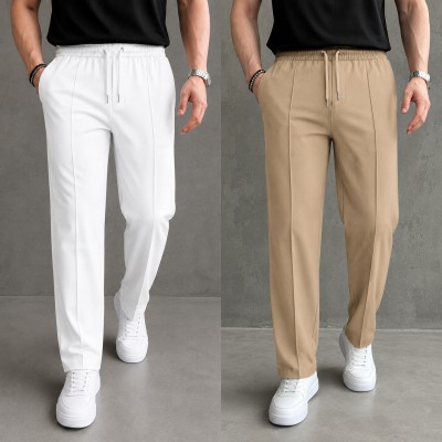 2 Pcs Most Trending Formal Pant Cutting Trouser (White, Biscuit)