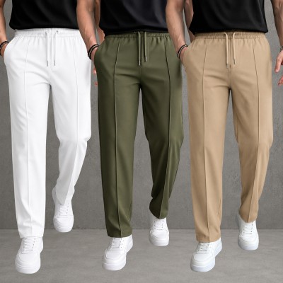 3 Pcs Most Trending Formal Pant Cutting Trouser (White, Olive & Biscuit)