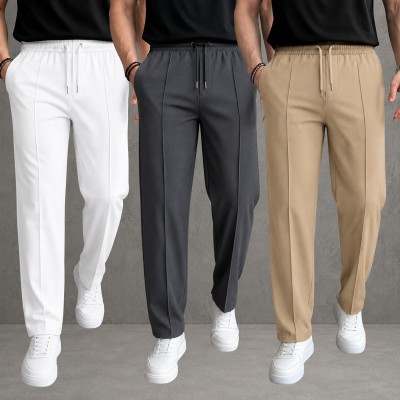 3 Pcs Most Trending Formal Pant Cutting Trouser (White, ASh & Biscuit)