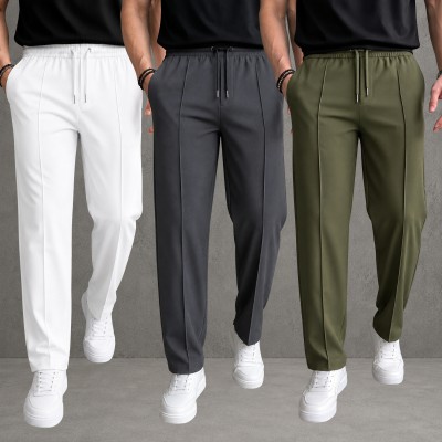 3 Pcs Most Trending Formal Pant Cutting Trouser (White, Ash & Olive)