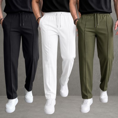 3 Pcs Most Trending Formal Pant Cutting Trouser (Black, White & Olive)
