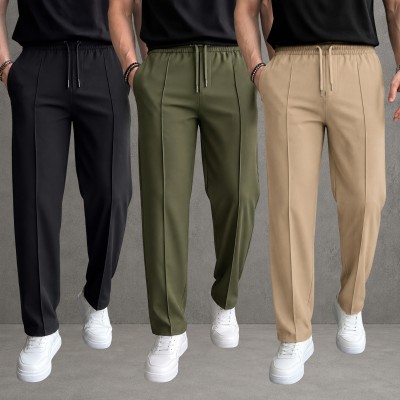 3 Pcs Most Trending Formal Pant Cutting Trouser (Black, Olive & Biscuit)